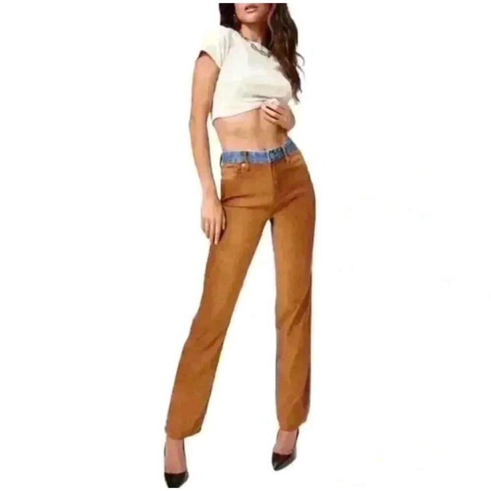 GOOD AMERICAN Good Icon Mixed Denim Faux Suede Jeans Pants Brown Blue Size 0 25
